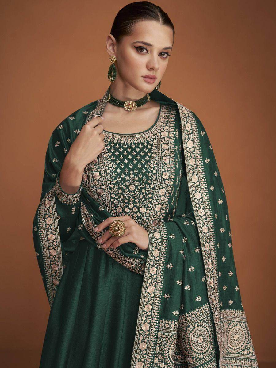 Charismatic Green Embroidered Silk Party Wear Gown - Zeel Clothing