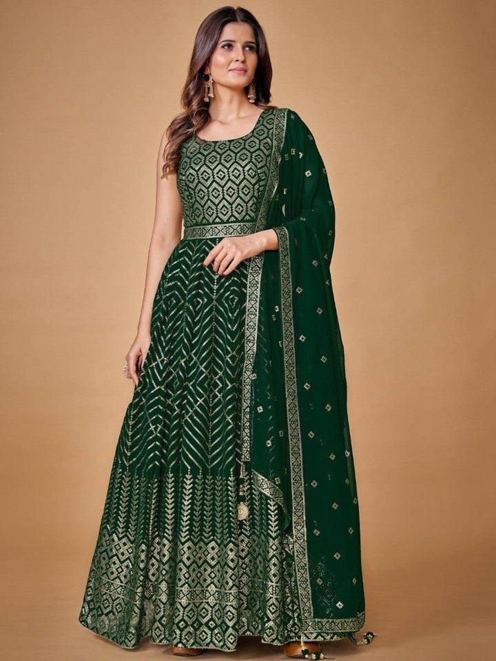 Emerald green anarkali suit with geometric embroidery and matching dupatta for women's ethnic wear