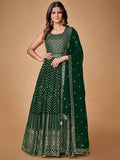 Elegant green anarkali suit with geometric embroidery and matching dupatta for women's ethnic wear