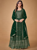 Emerald green embroidered anarkali suit with gold geometric patterns, perfect for festive occasions