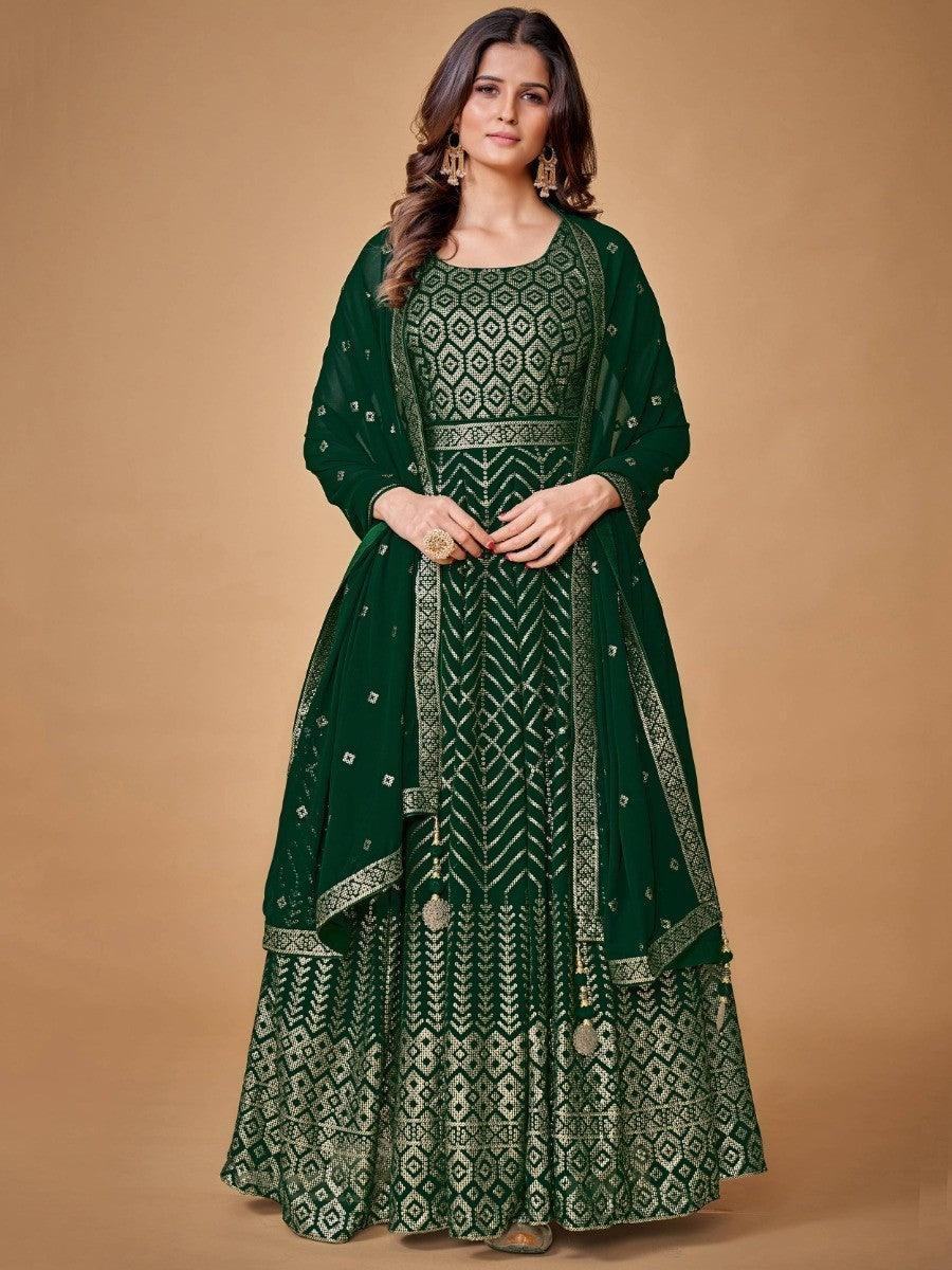 Emerald green embroidered anarkali suit with gold geometric patterns, perfect for festive occasions