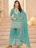 Charismatic Green Sequins Work Georgette Festive Wear Palazzo Suit