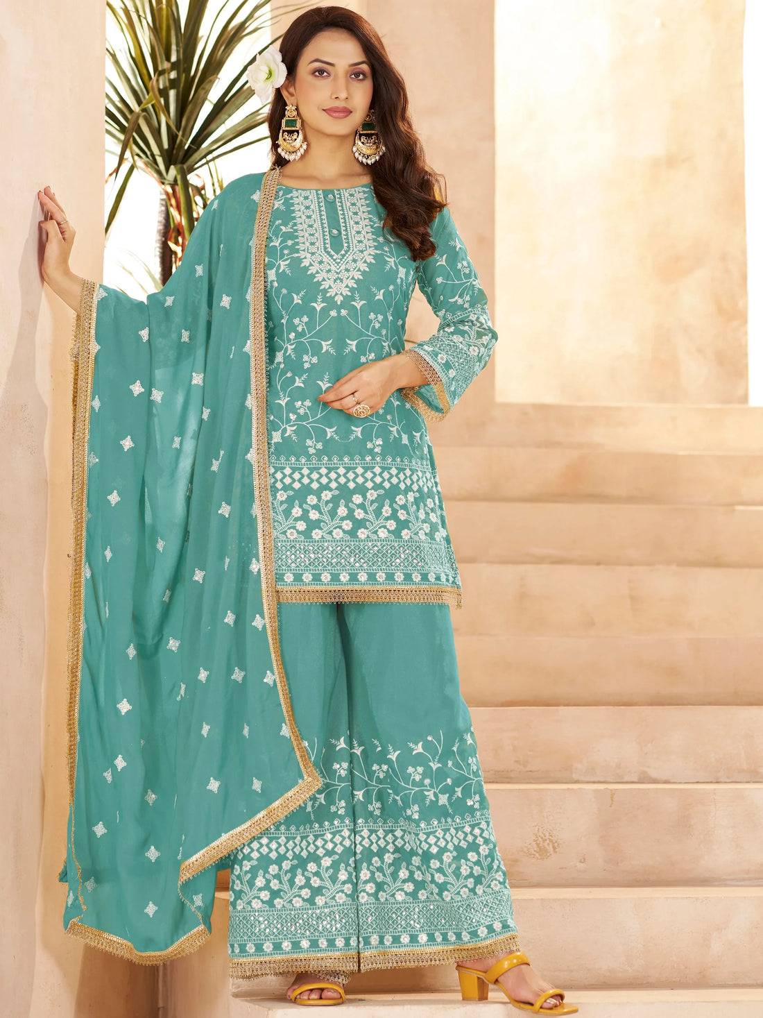 Charismatic Green Sequins Work Georgette Festive Wear Palazzo Suit