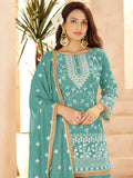 Charismatic Green Sequins Work Georgette Festive Wear Palazzo Suit