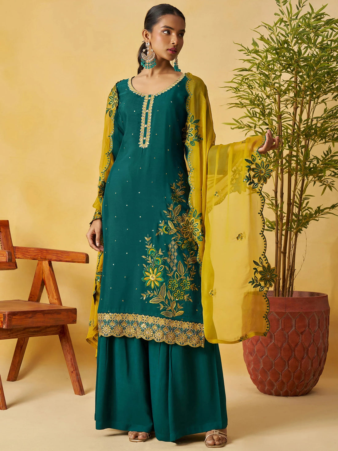 Charismatic Green Thread Embroidery Organza Ethnic Wear Palazzo Suit