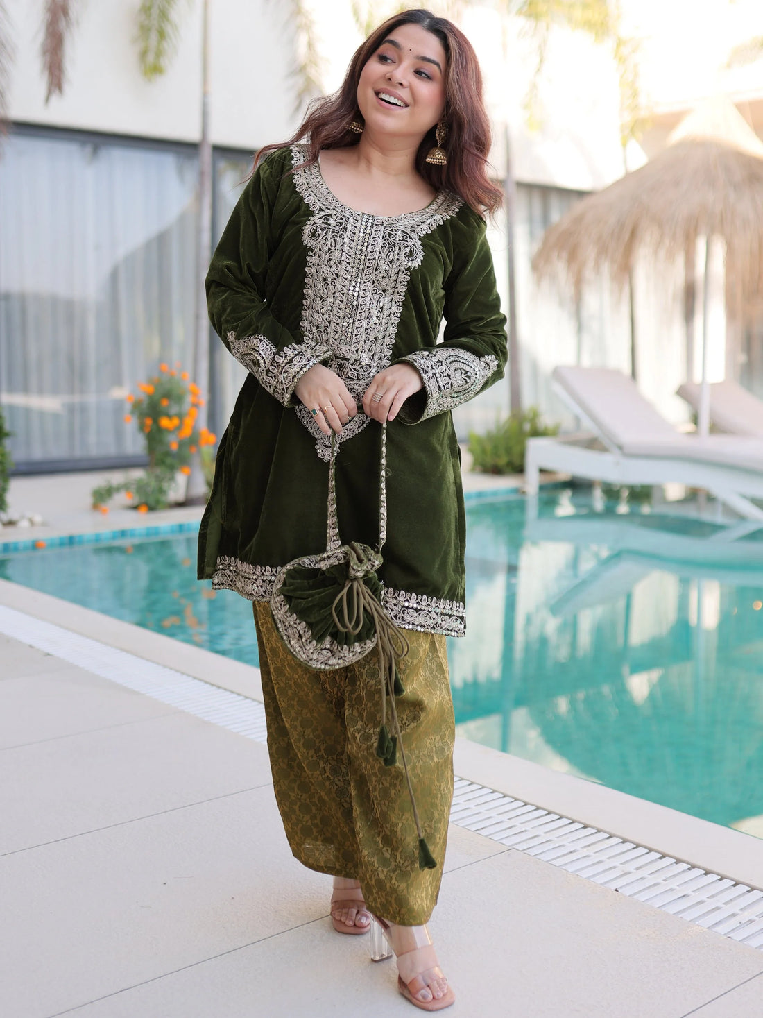 Charismatic Green Zari Embroidered Velvet Palazzo suit With Batwa