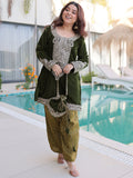 Charismatic Green Zari Embroidered Velvet Palazzo suit With Batwa