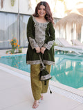 Charismatic Green Zari Embroidered Velvet Palazzo suit With Batwa