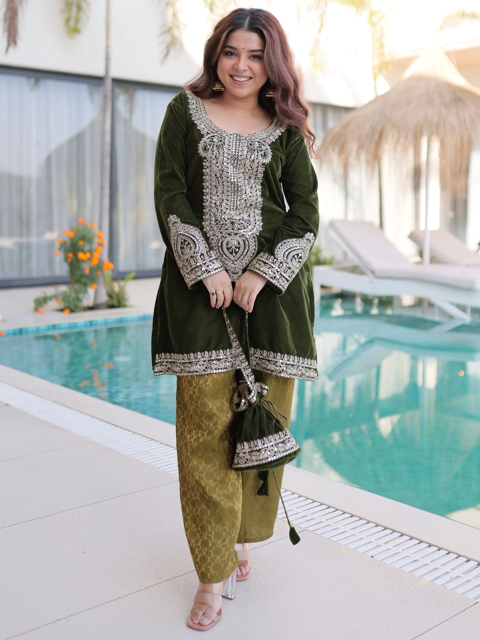 Charismatic Green Zari Embroidered Velvet Palazzo suit With Batwa