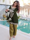 Charismatic Green Zari Embroidered Velvet Palazzo suit With Batwa