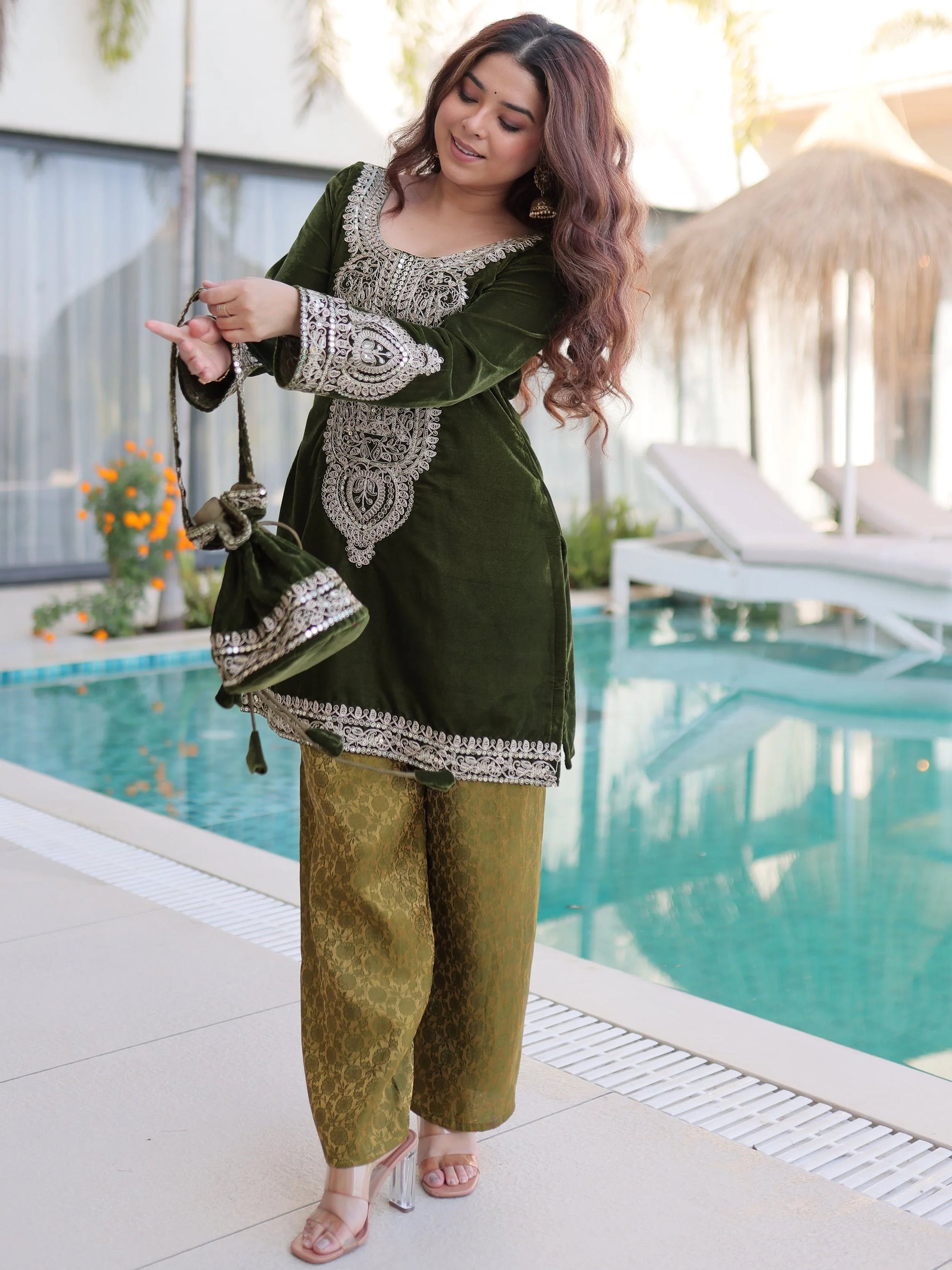 Charismatic Green Zari Embroidered Velvet Palazzo suit With Batwa