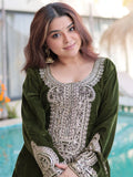 Charismatic Green Zari Embroidered Velvet Palazzo suit With Batwa