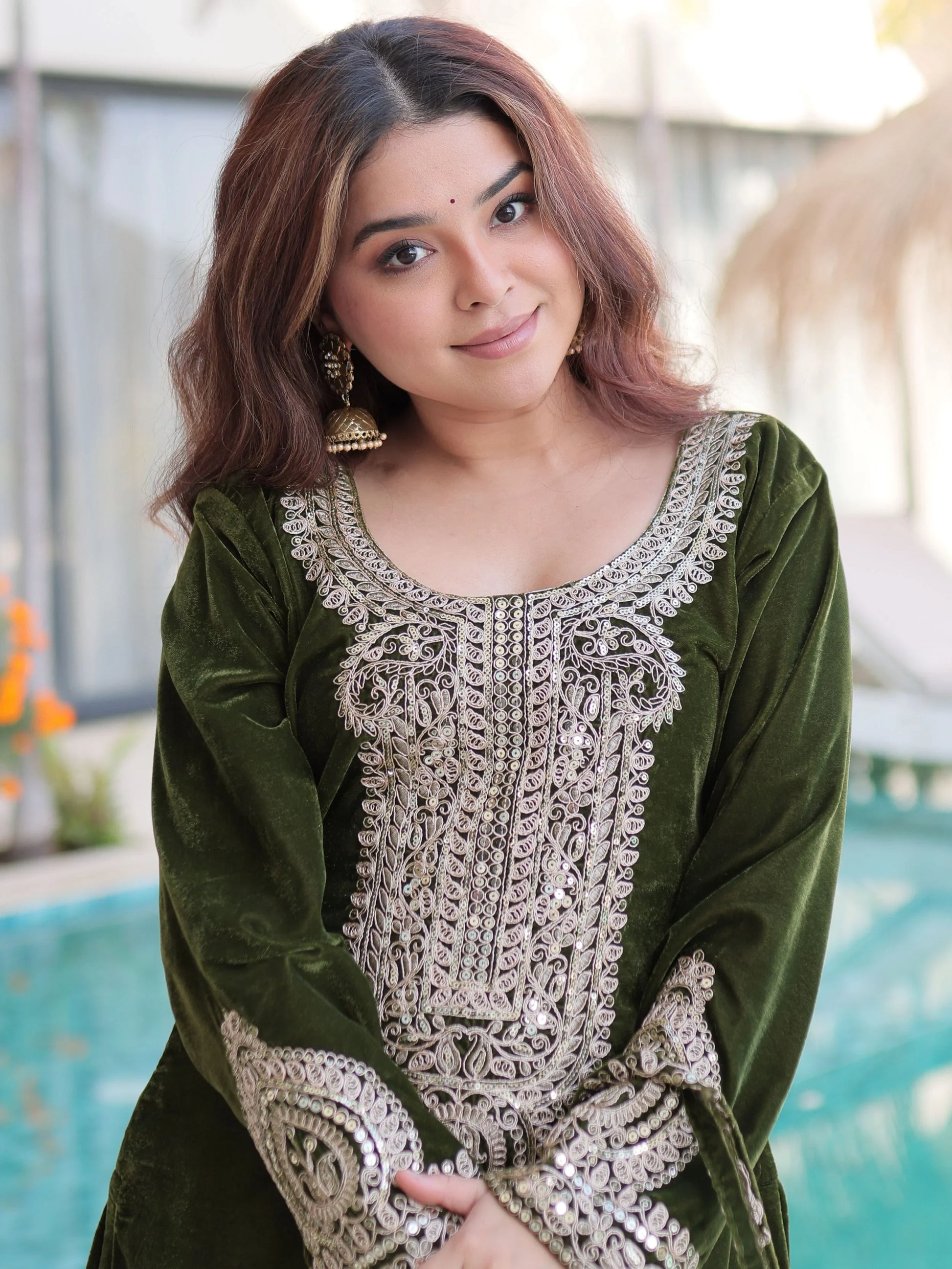Charismatic Green Zari Embroidered Velvet Palazzo suit With Batwa