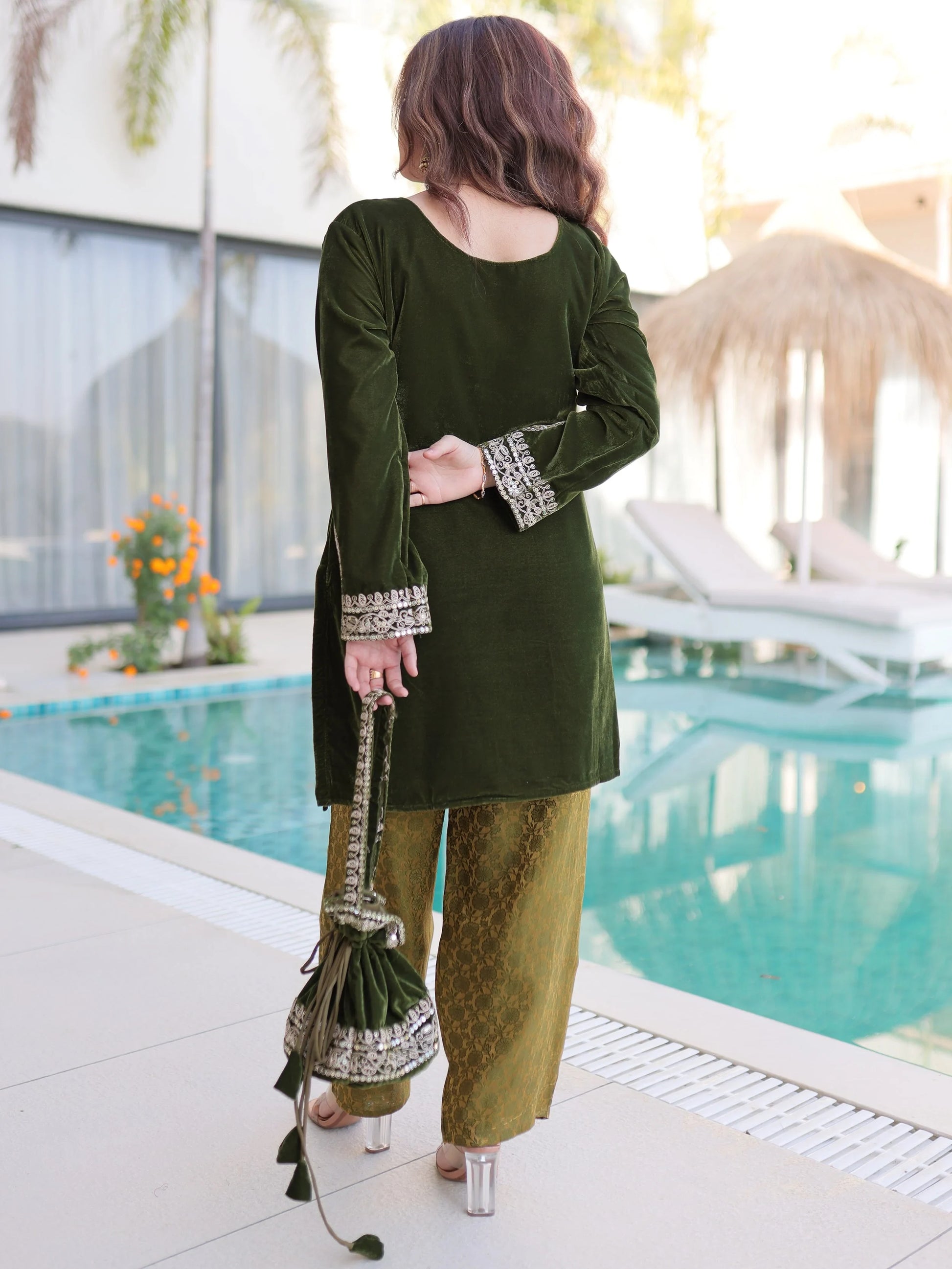 Charismatic Green Zari Embroidered Velvet Palazzo suit With Batwa