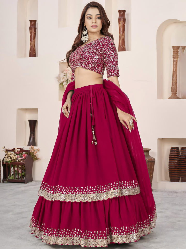 Charismatic Pink Sequins Georgette Wedding Wear Lehenga With Dupatta