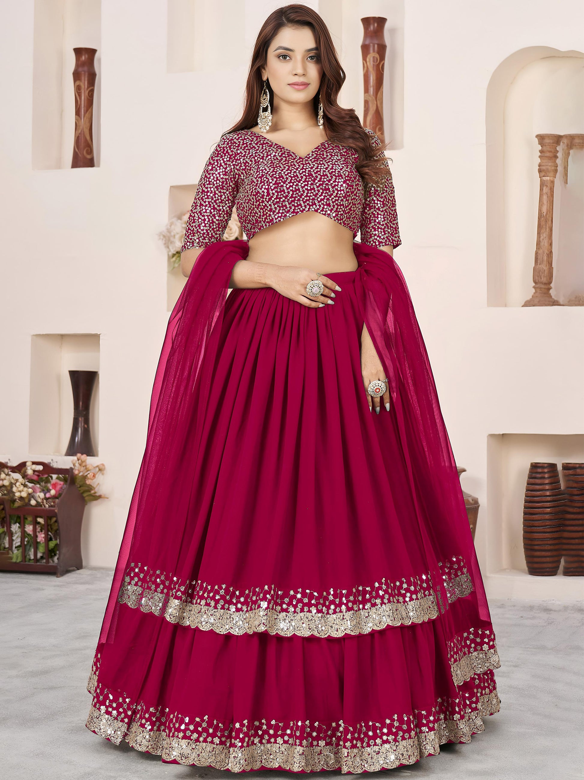 Charismatic Pink Sequins Georgette Wedding Wear Lehenga With Dupatta