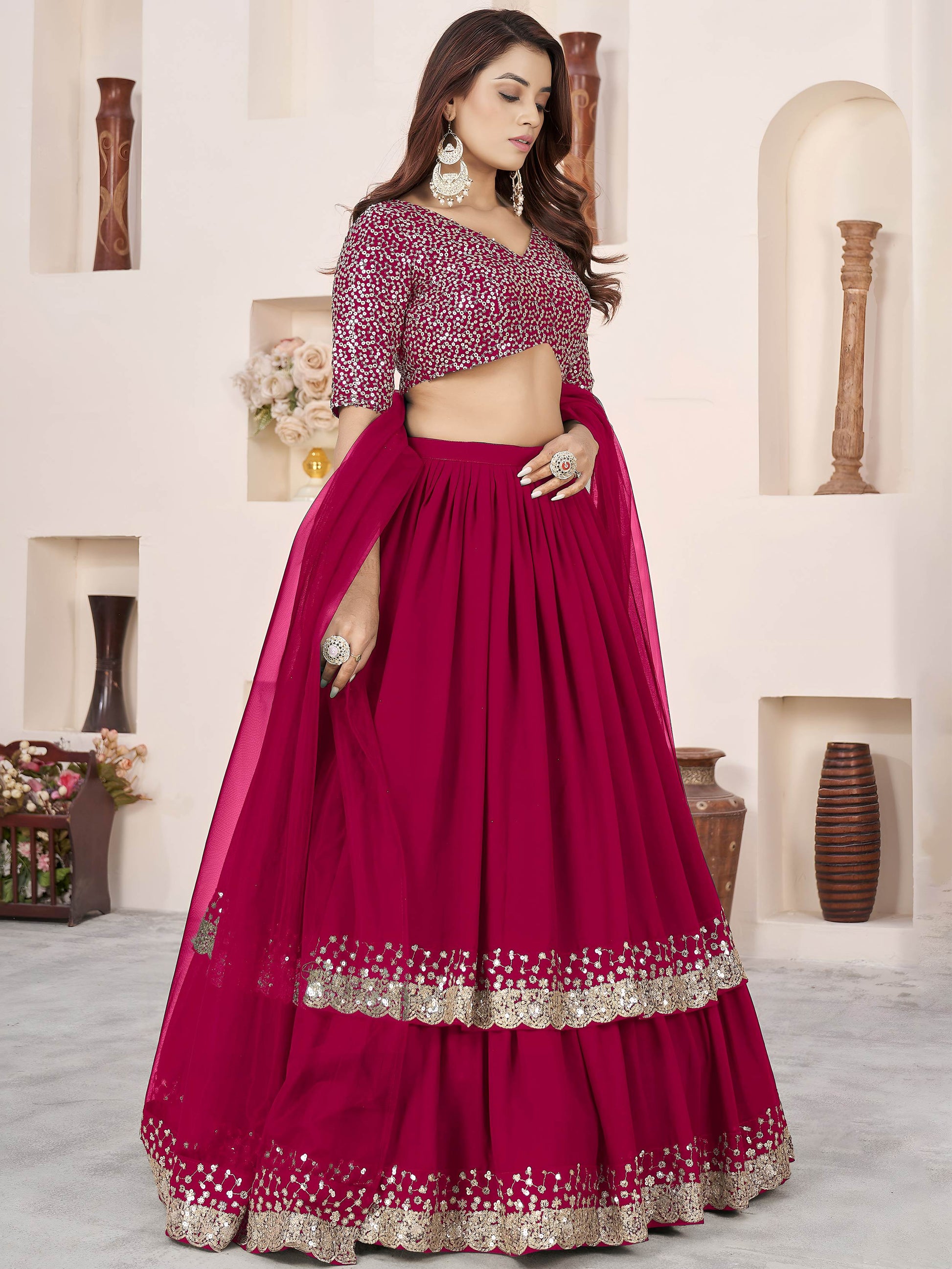 Charismatic Pink Sequins Georgette Wedding Wear Lehenga With Dupatta