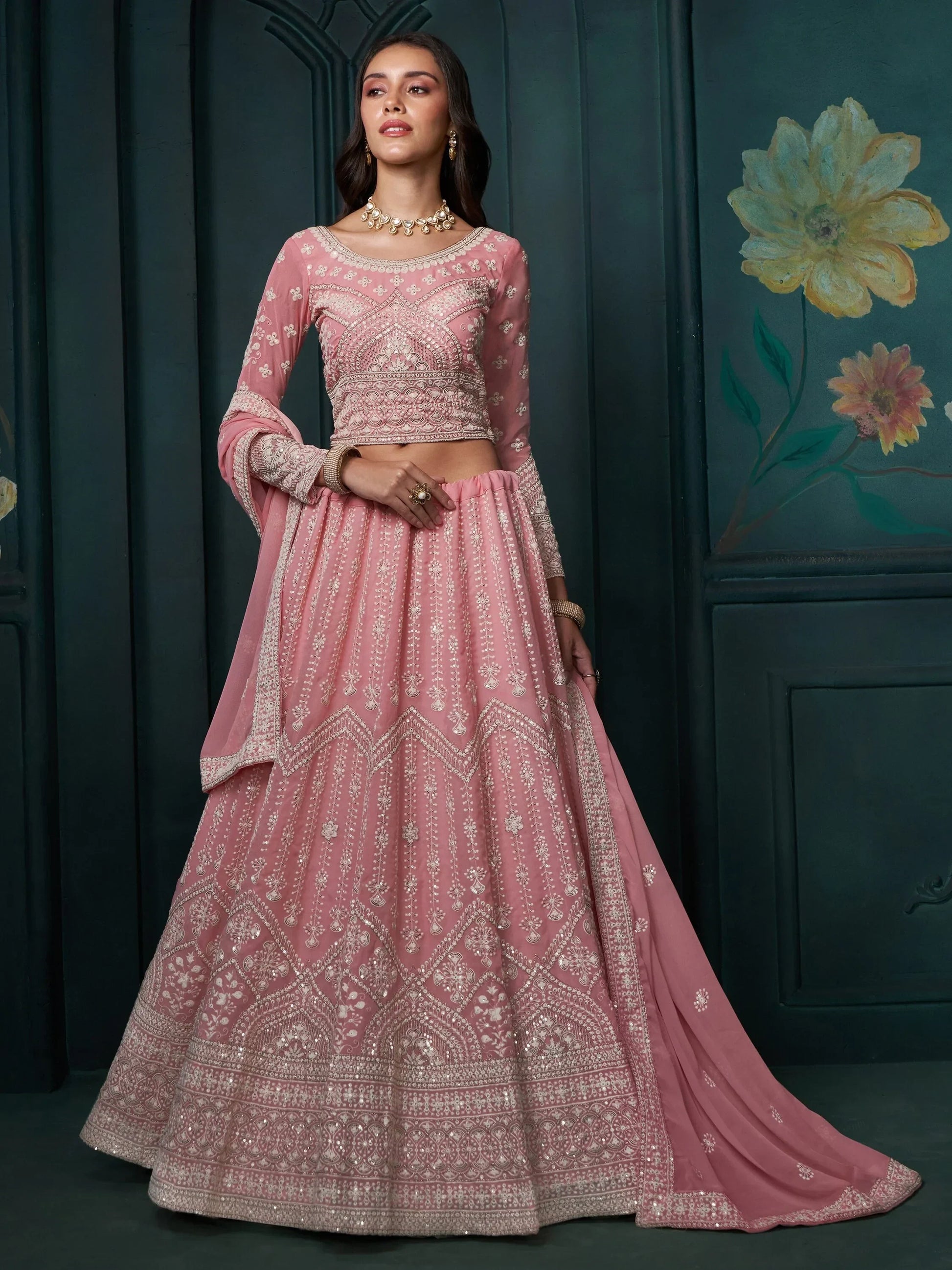 Charming Baby Pink Sequins Georgette Engagement Wear Lehenga Choli - Zeel Clothing