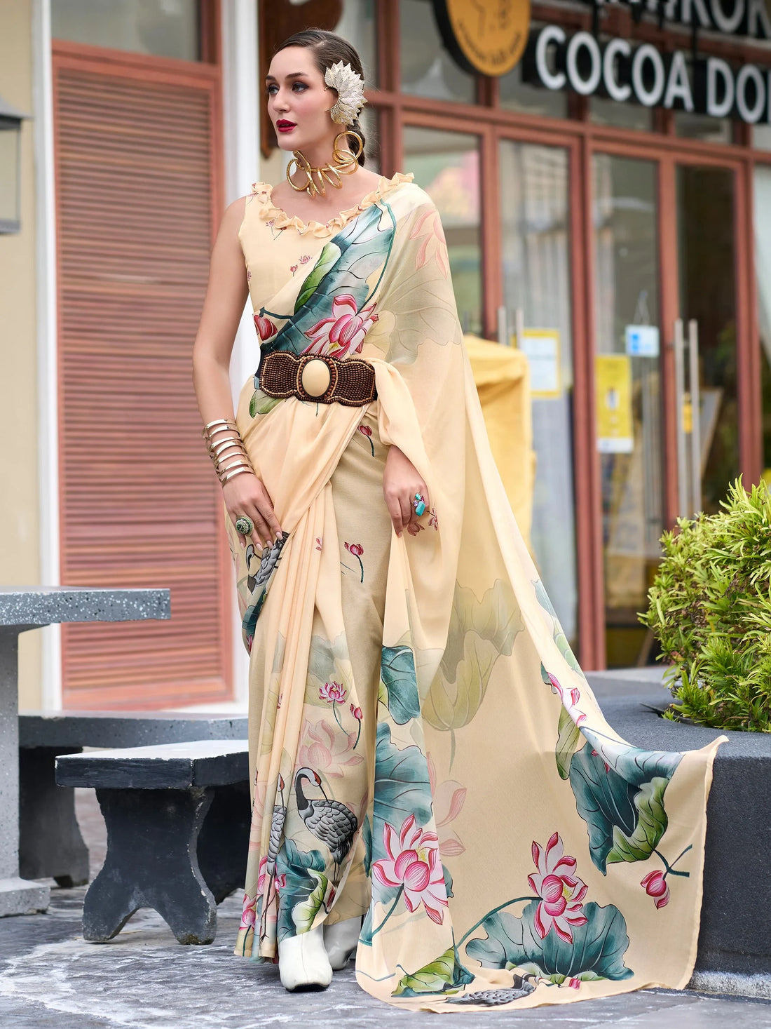 Charming Beige Floral Printed Georgette Traditional Saree With Blouse - Zeel Clothing