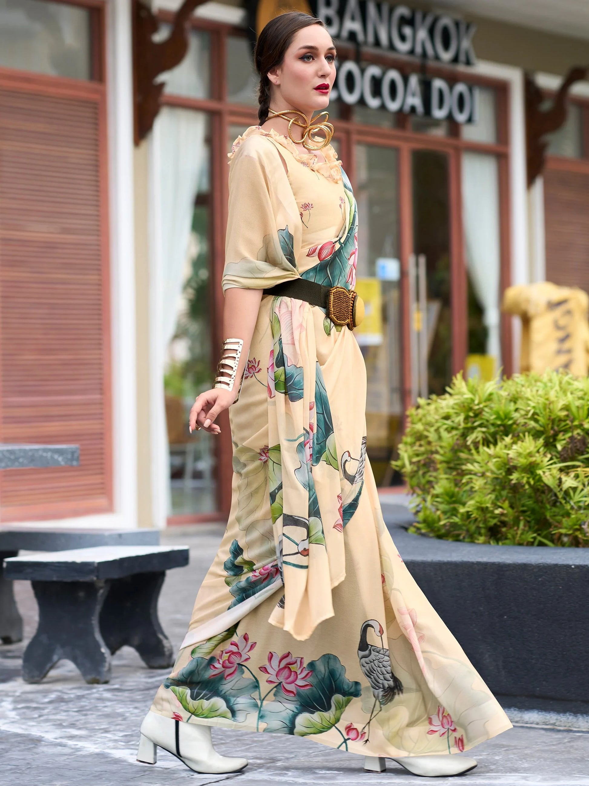 Charming Beige Floral Printed Georgette Traditional Saree With Blouse - Zeel Clothing