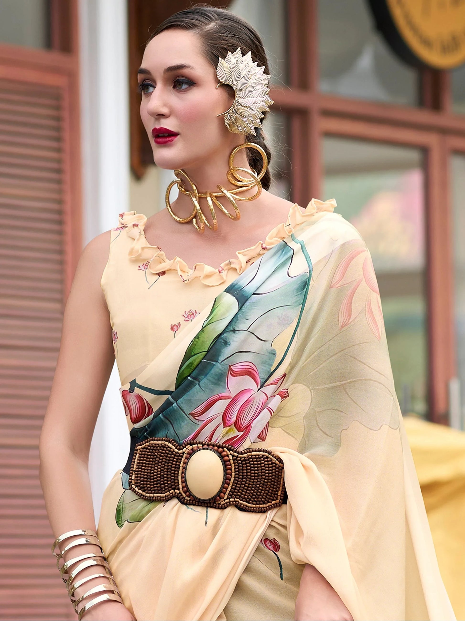 Charming Beige Floral Printed Georgette Traditional Saree With Blouse - Zeel Clothing