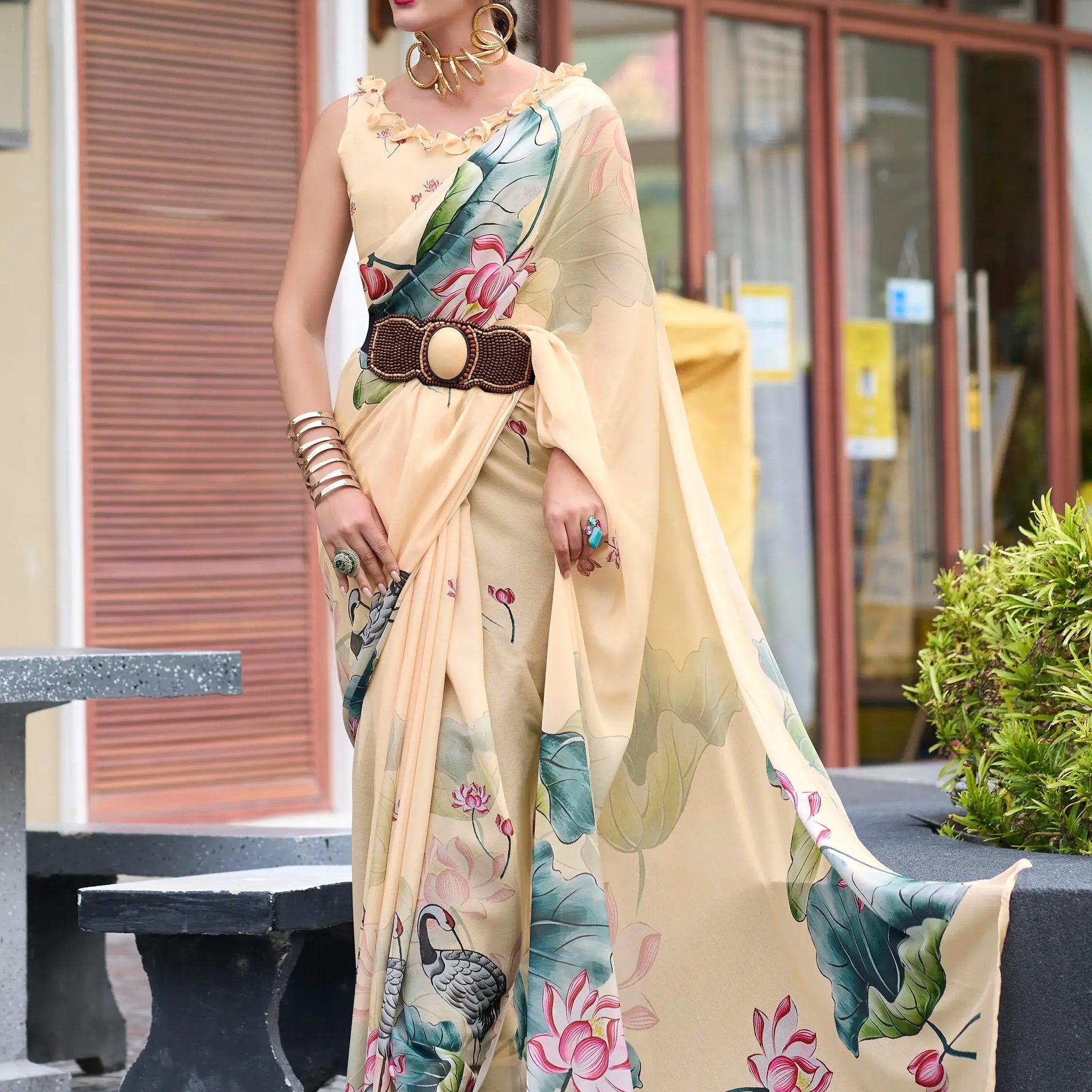 Charming Beige Floral Printed Georgette Traditional Saree With Blouse - Zeel Clothing
