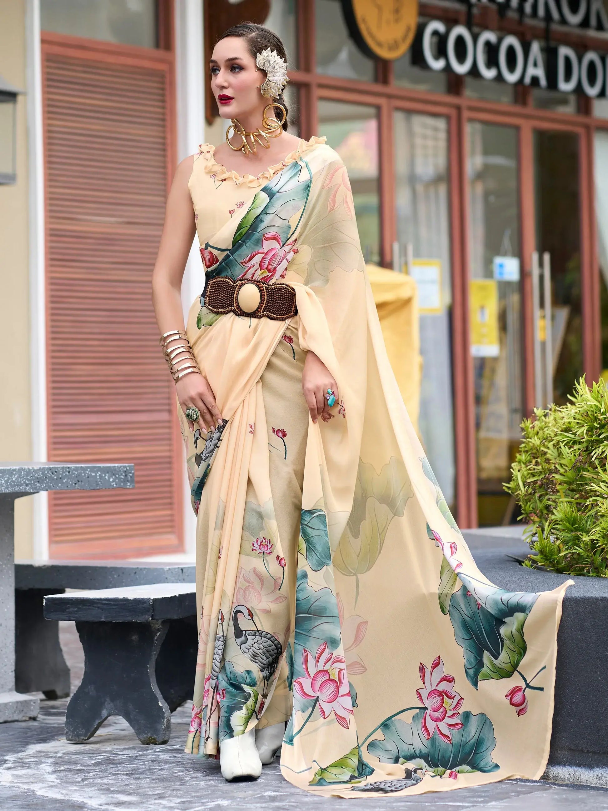 Charming Beige Floral Printed Georgette Traditional Saree With Blouse - Zeel Clothing
