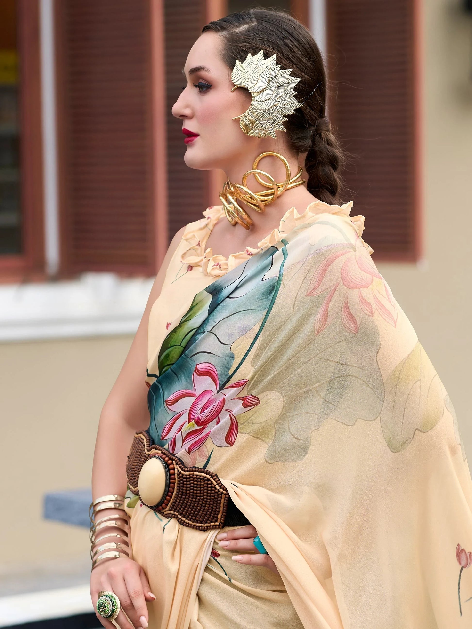 Charming Beige Floral Printed Georgette Traditional Saree With Blouse - Zeel Clothing