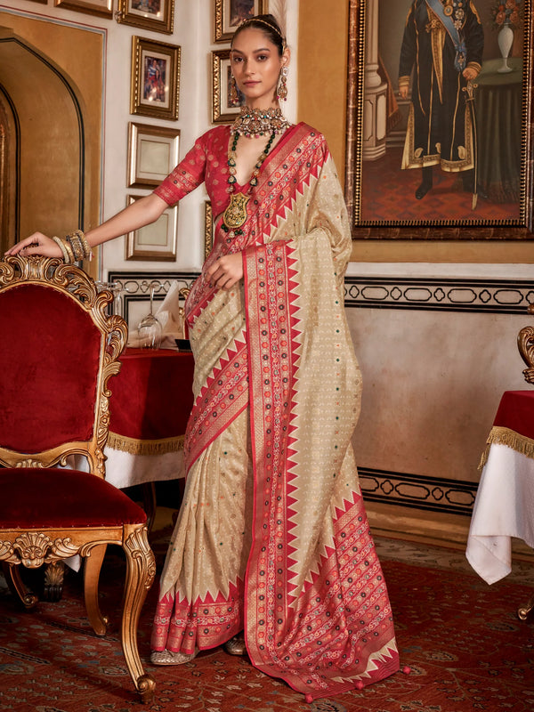 Charming Beige Printed Silk Event Wear Saree With Blouse - Zeel Clothing