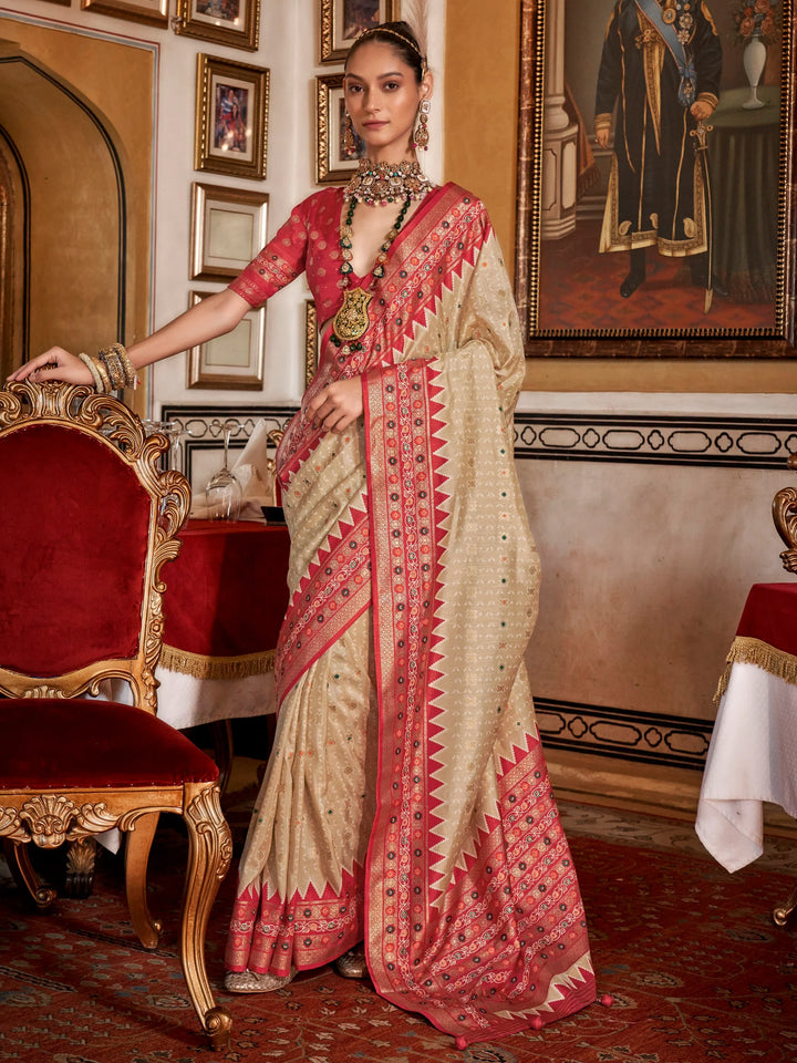 Charming Beige Printed Silk Event Wear Saree With Blouse - Zeel Clothing