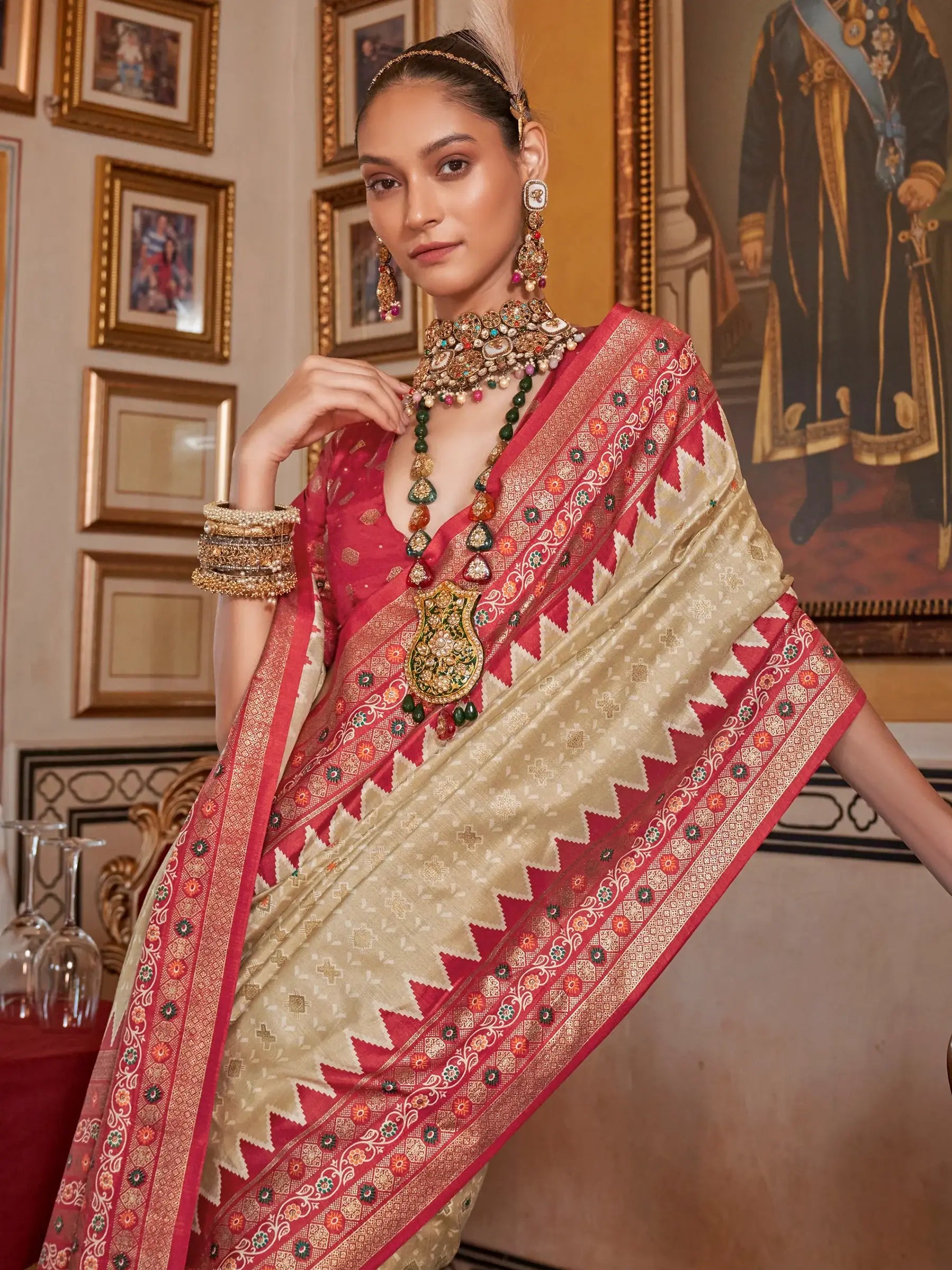 Charming Beige Printed Silk Event Wear Saree With Blouse - Zeel Clothing
