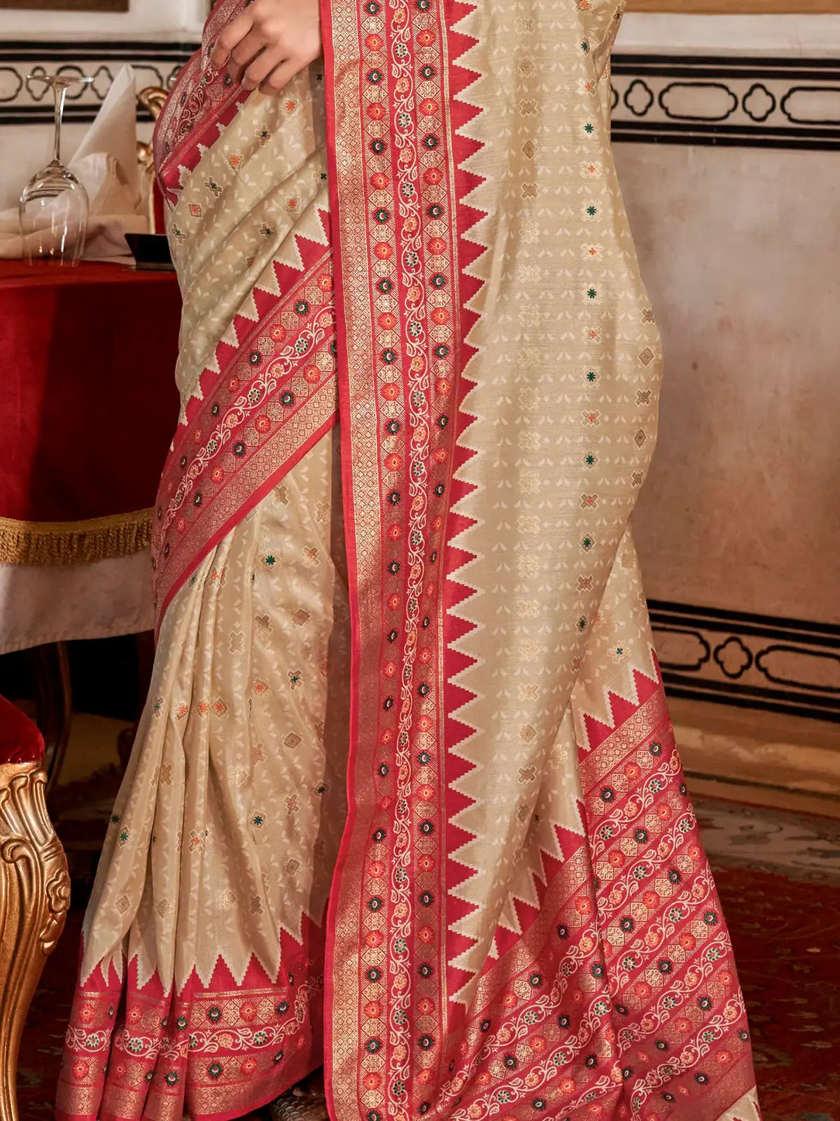 Charming Beige Printed Silk Event Wear Saree With Blouse - Zeel Clothing