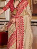 Charming Beige Printed Silk Event Wear Saree With Blouse - Zeel Clothing