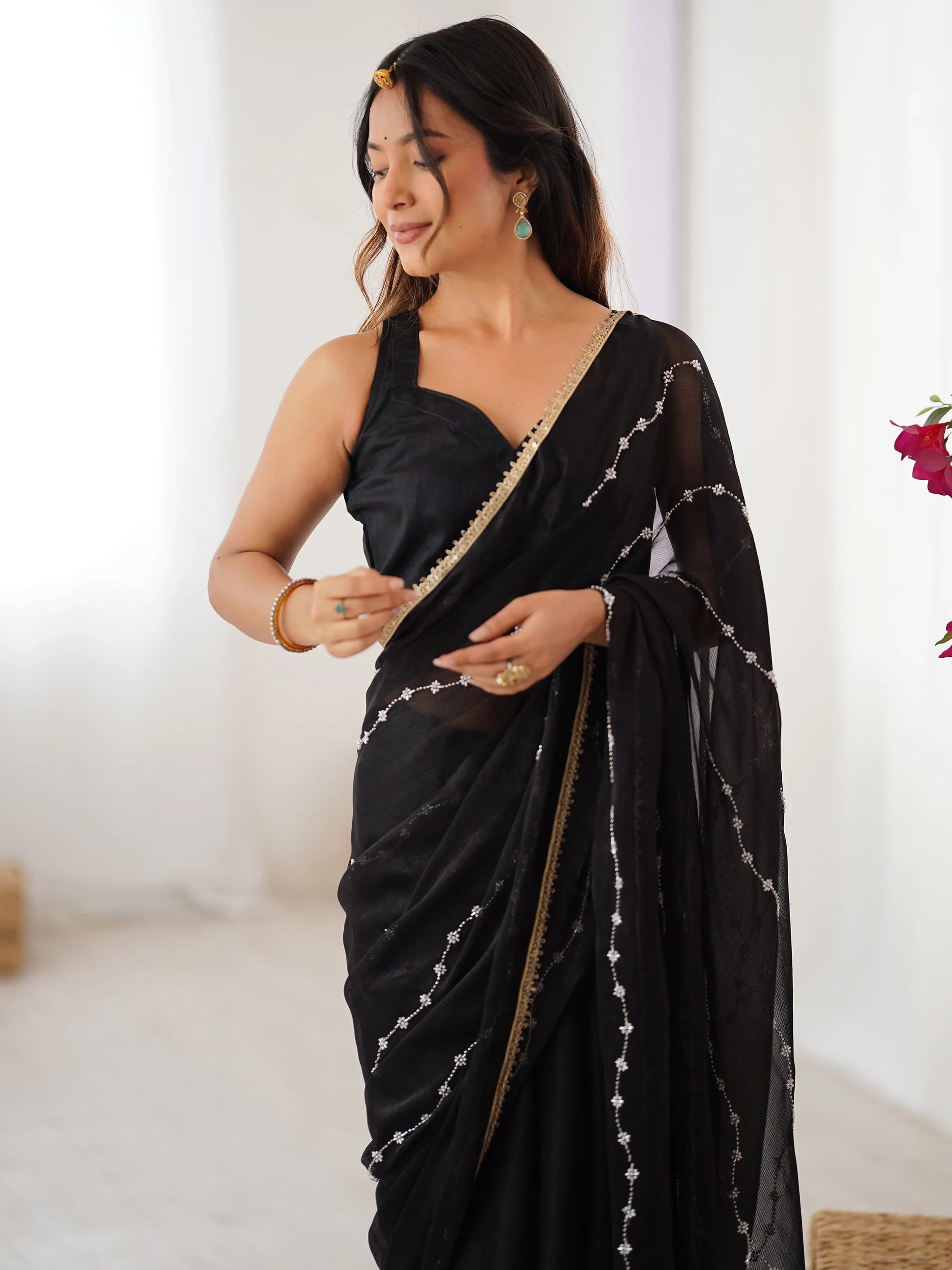 Charming Black Beads Work Chiffon Party Wear Saree With Blouse - Zeel Clothing