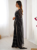 Charming Black Beads Work Chiffon Party Wear Saree With Blouse - Zeel Clothing