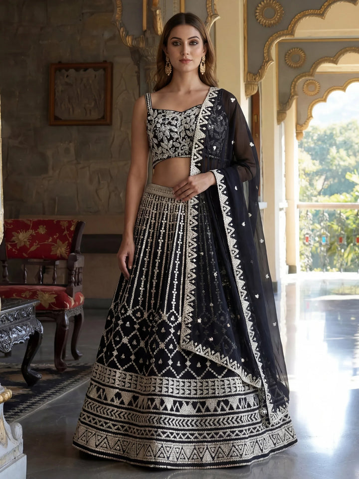 Charming Black Embroidered Georgette Party Wear Lehenga Choli With Dupatta