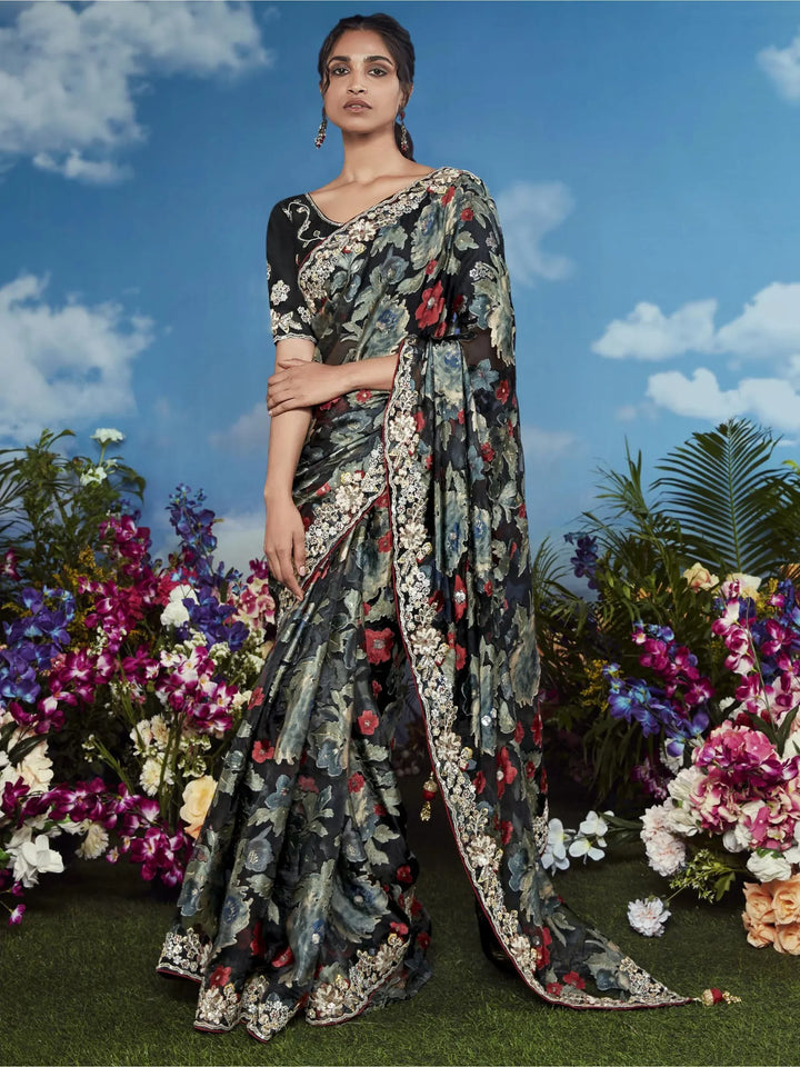 Charming Black Lace Work Brasso Event Wear Saree With Blouse - Zeel Clothing