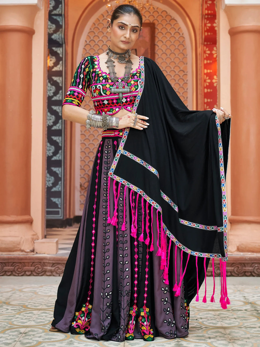 Charming Black Rayon Mirror Work Navratri Lehenga Choli With Dupatta - Zeel Clothing