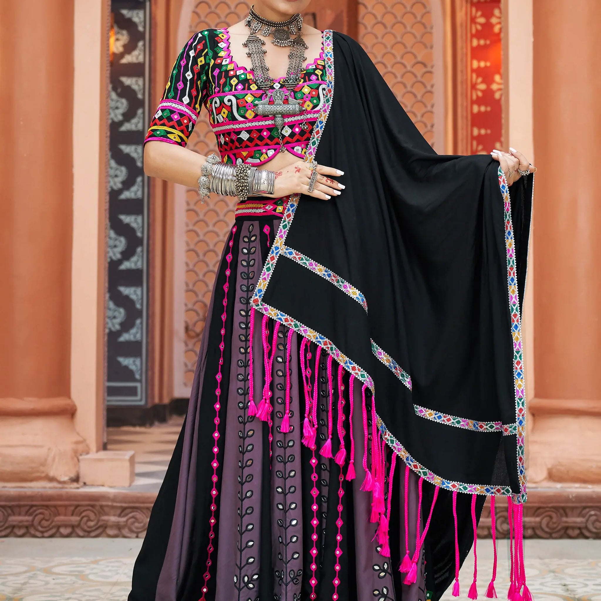 Charming Black Rayon Mirror Work Navratri Lehenga Choli With Dupatta - Zeel Clothing