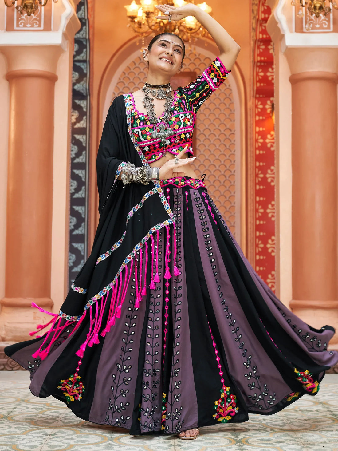 Charming Black Rayon Mirror Work Navratri Lehenga Choli With Dupatta - Zeel Clothing