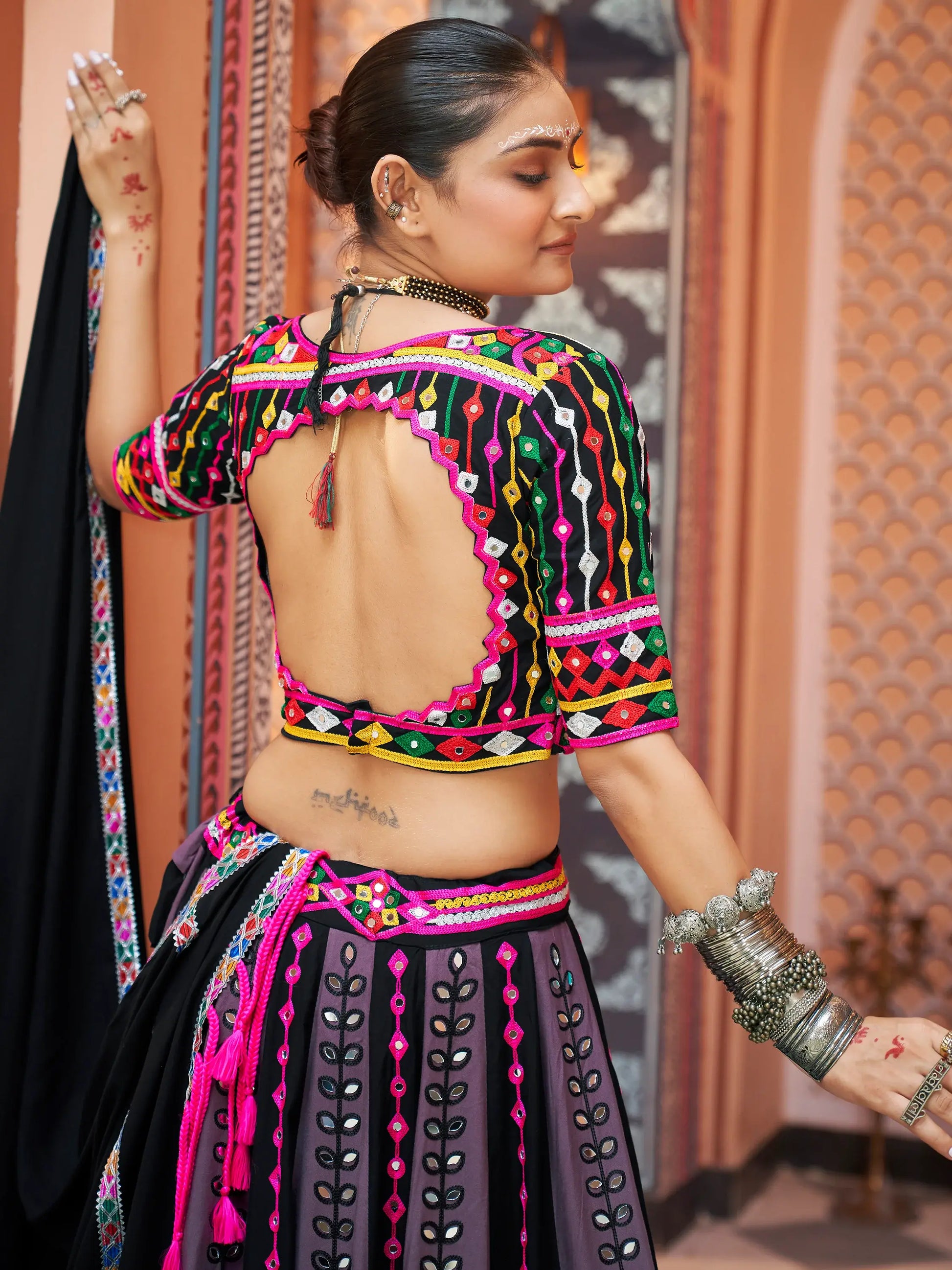 Charming Black Rayon Mirror Work Navratri Lehenga Choli With Dupatta - Zeel Clothing
