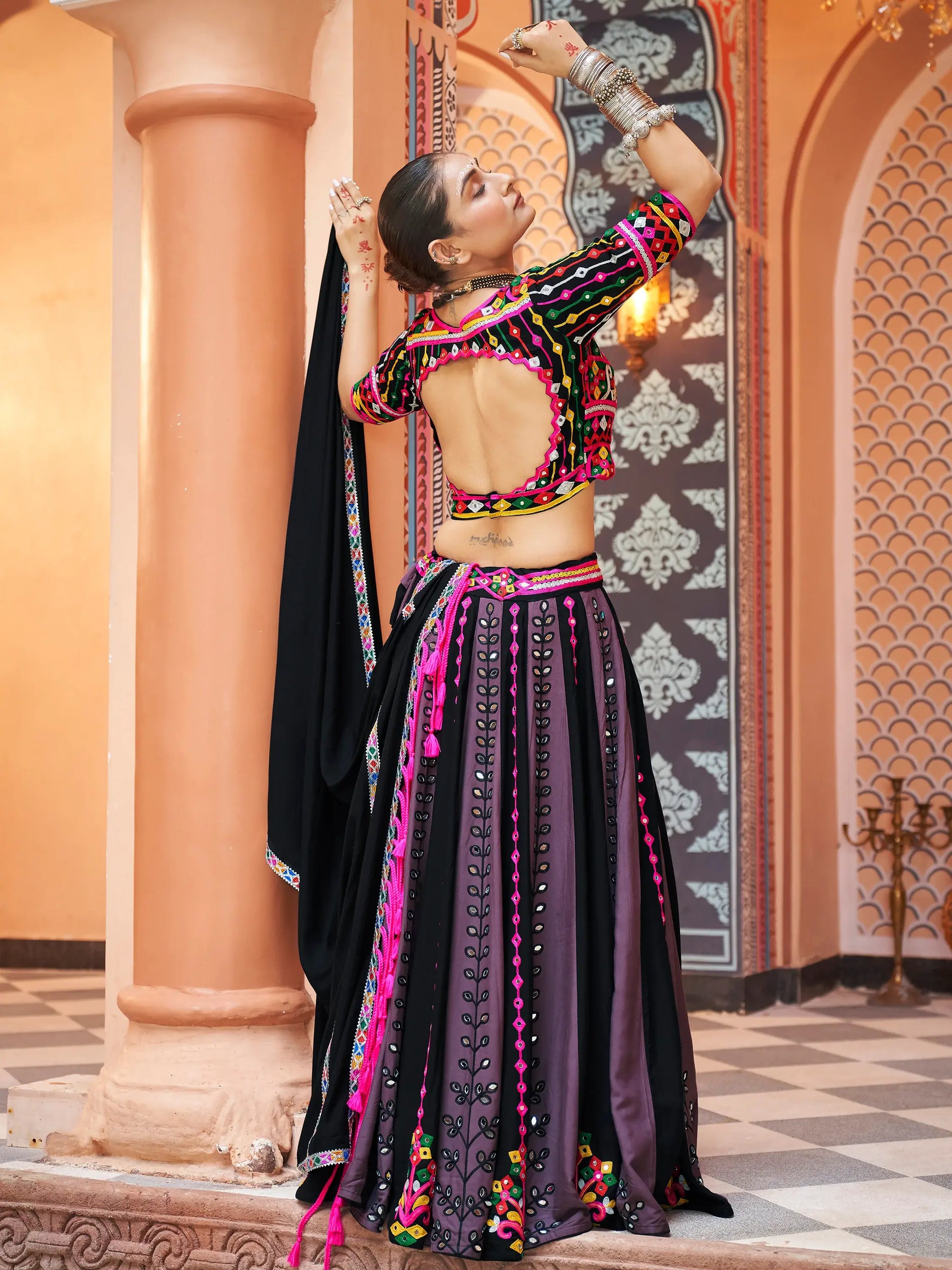 Charming Black Rayon Mirror Work Navratri Lehenga Choli With Dupatta - Zeel Clothing
