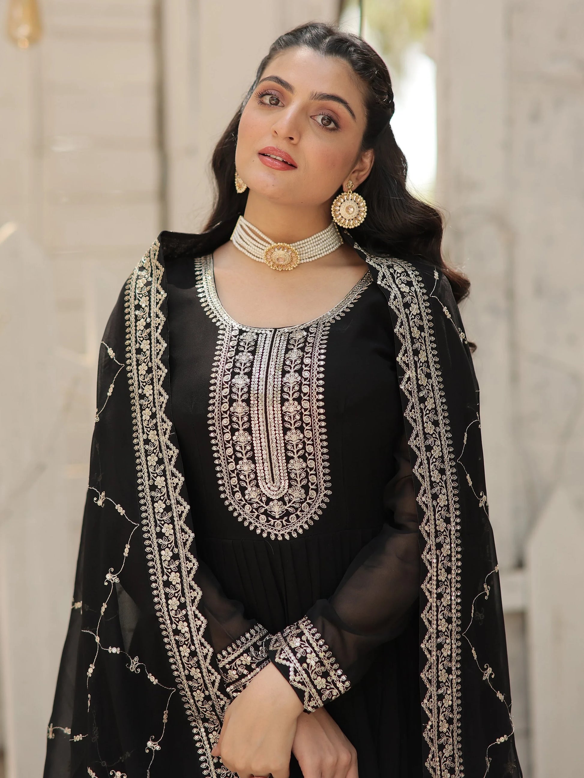 Charming Black Sequins Georgette Event Wear Gown With Dupatta - Zeel Clothing