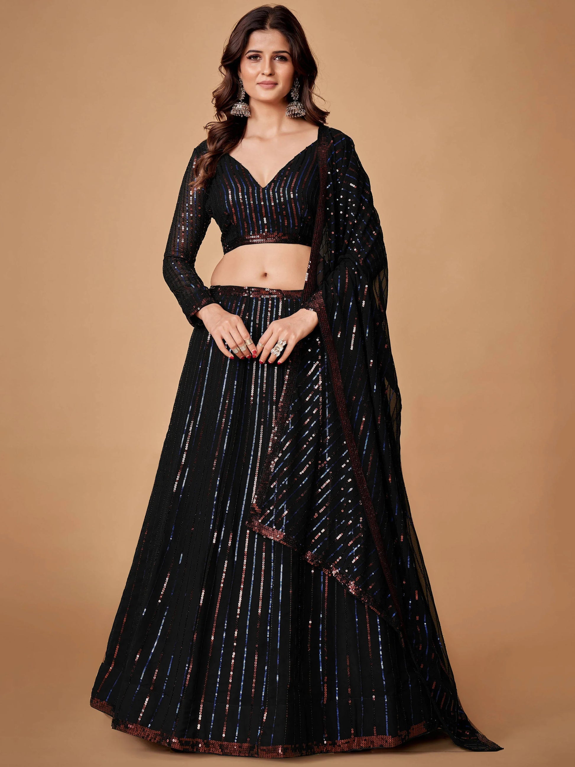 Charming Black Sequins Georgette Party Wear Lehenga Choli With Dupatta - Zeel Clothing