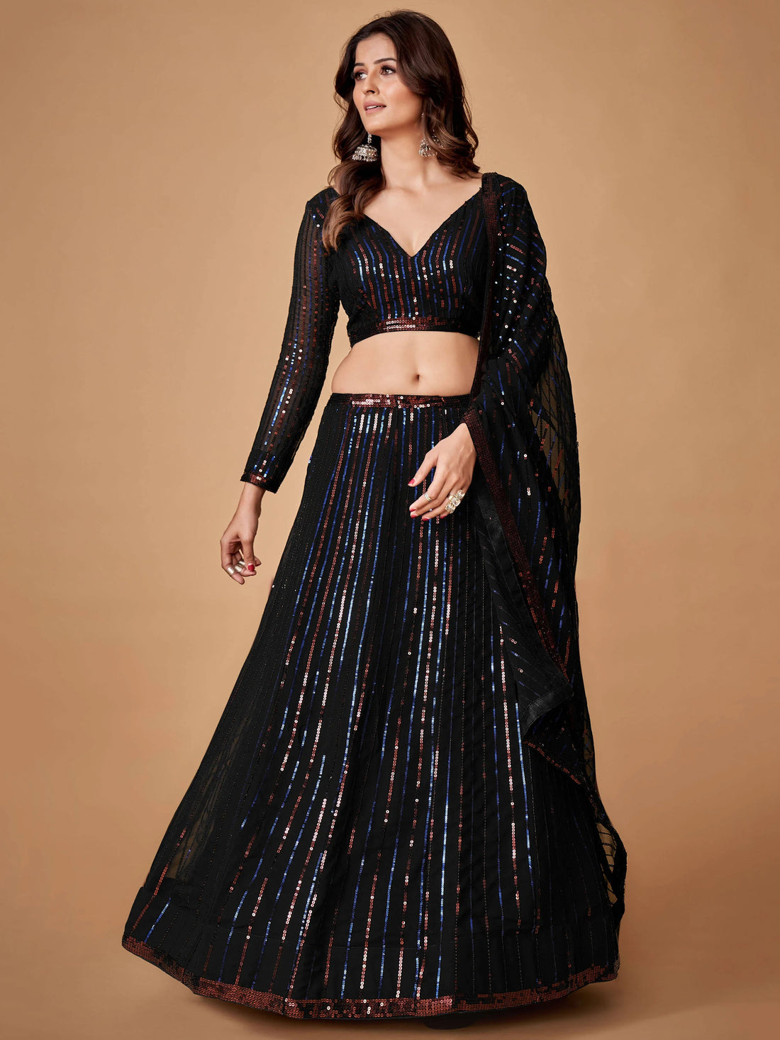 Charming Black Sequins Georgette Party Wear Lehenga Choli With Dupatta - Zeel Clothing