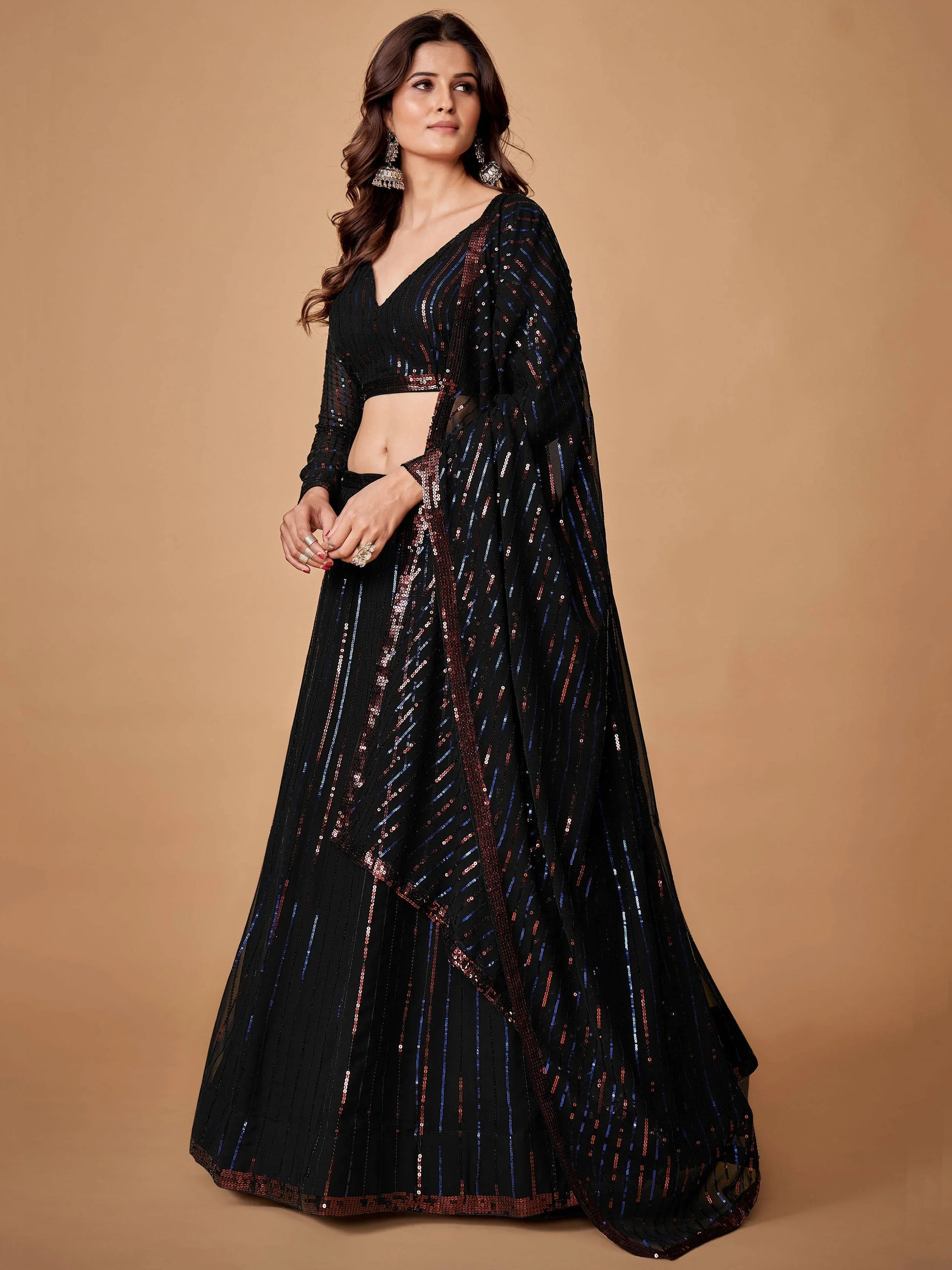 Charming Black Sequins Georgette Party Wear Lehenga Choli With Dupatta - Zeel Clothing