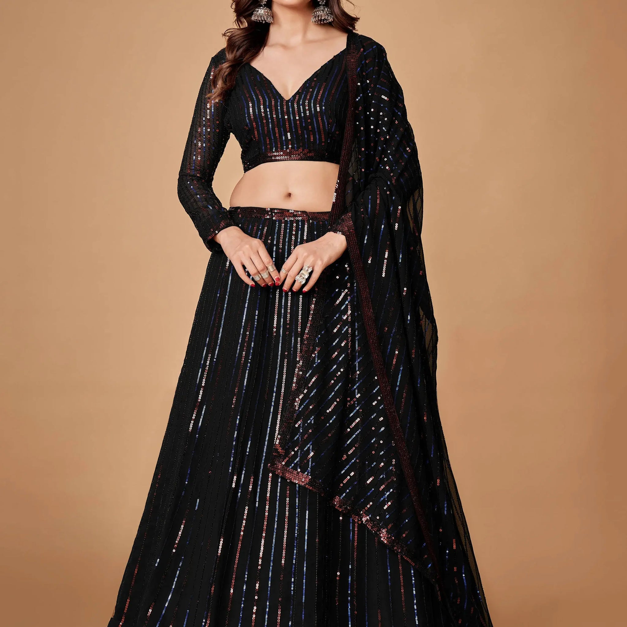 Charming Black Sequins Georgette Party Wear Lehenga Choli With Dupatta - Zeel Clothing
