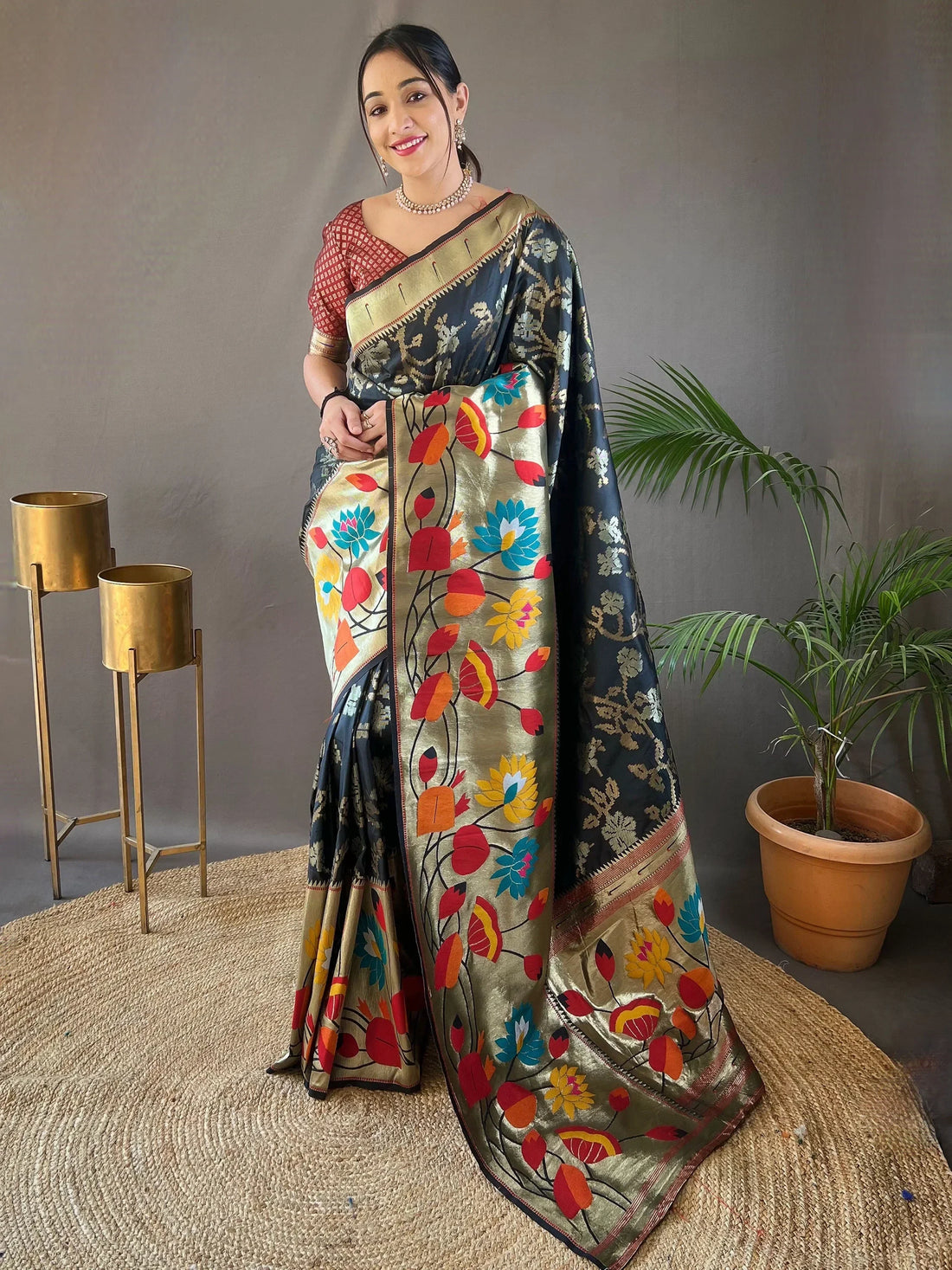 Charming Black Weaving Paithani Silk Traditional Saree With Blouse - Zeel Clothing