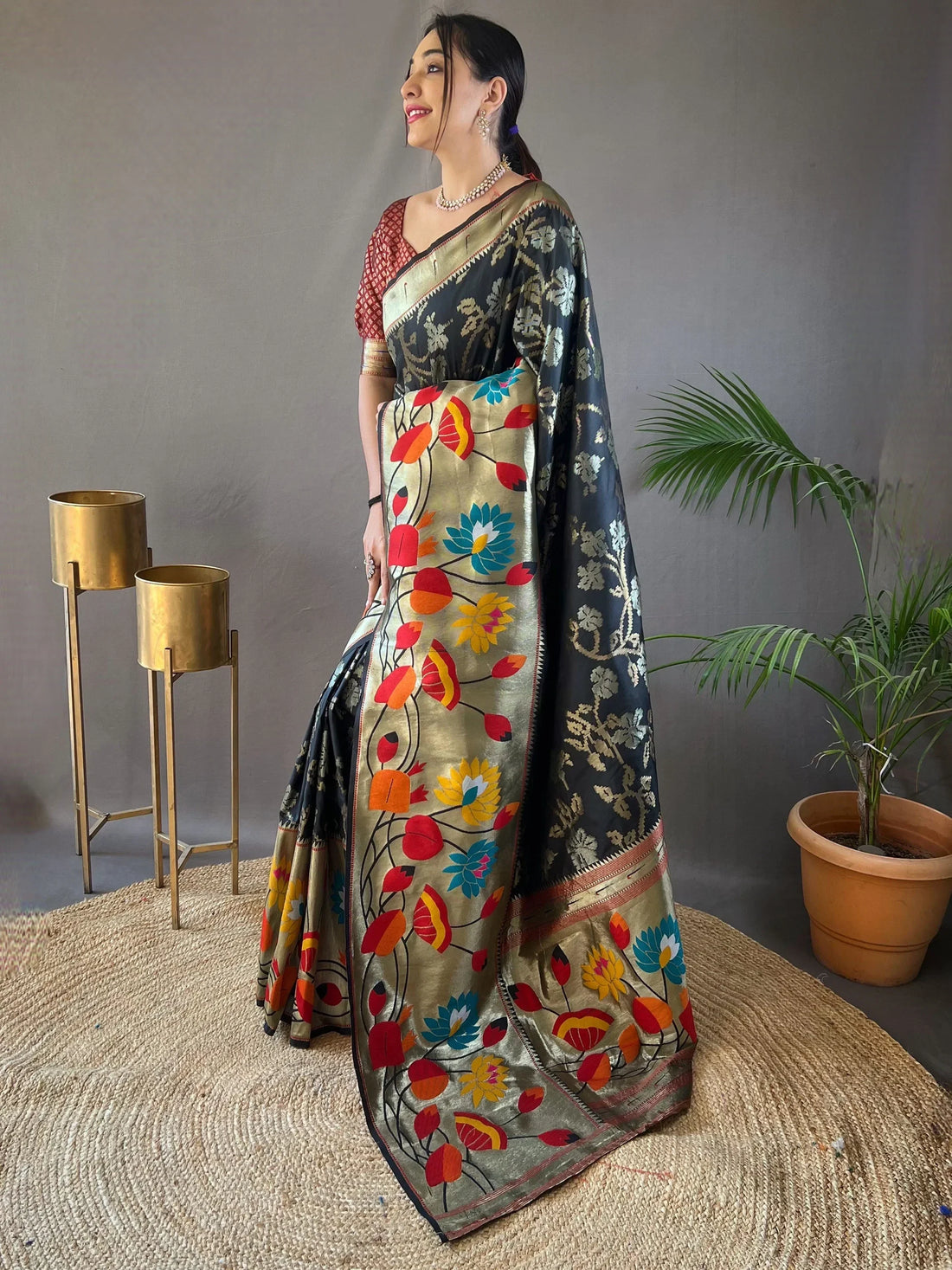 Charming Black Weaving Paithani Silk Traditional Saree With Blouse - Zeel Clothing