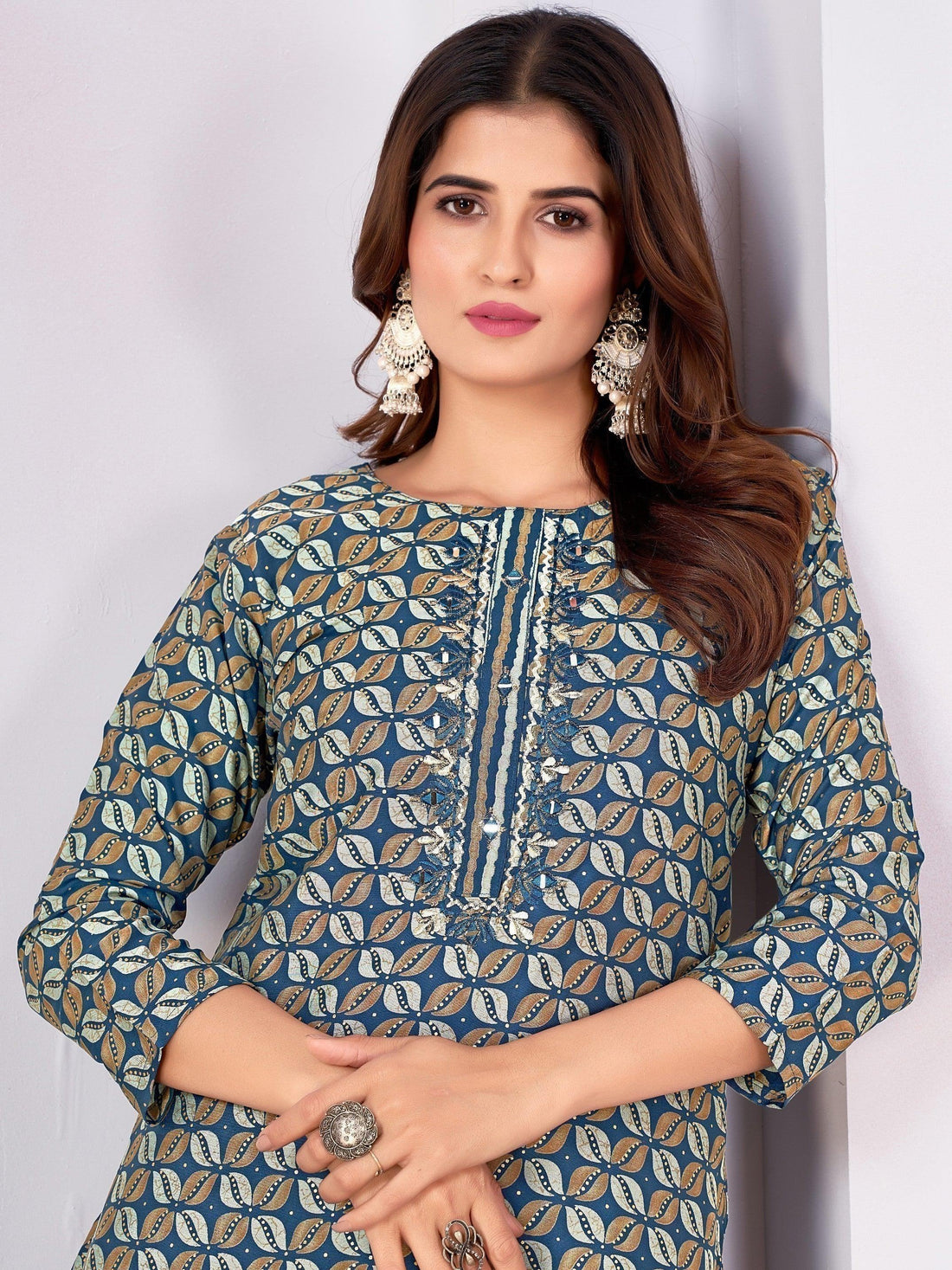 Charming Blue Digital Printed Rayon Festive Wear Pant Suit